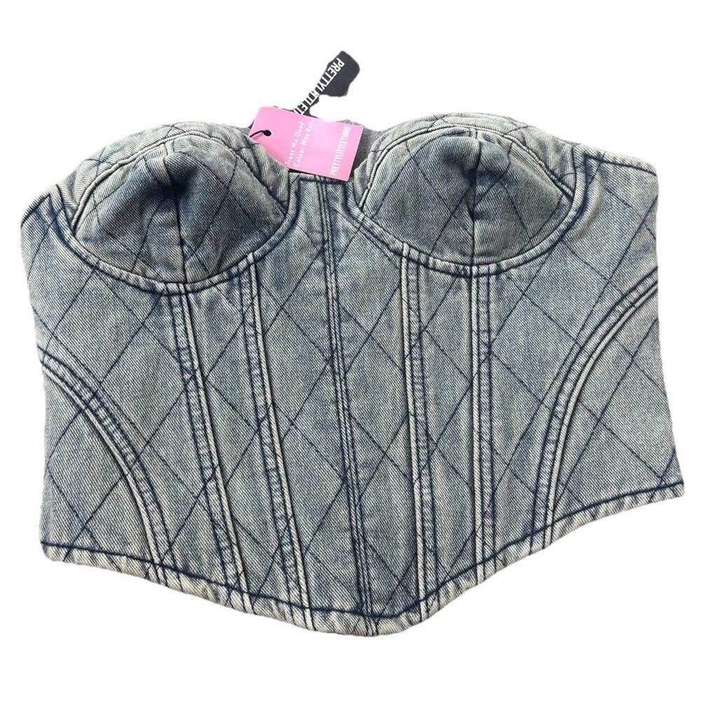 NWT Pretty Little Thing Denim acid Wash Denim Corset Bustier Crop Top Y2K Sz 4